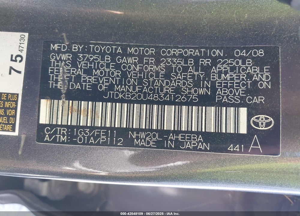 2008 TOYOTA PRIUS VIN: JTDKB20U483412675