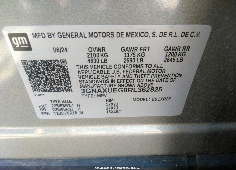 2024 CHEVROLET EQUINOX VIN: 3GNAXUEG8RL362825