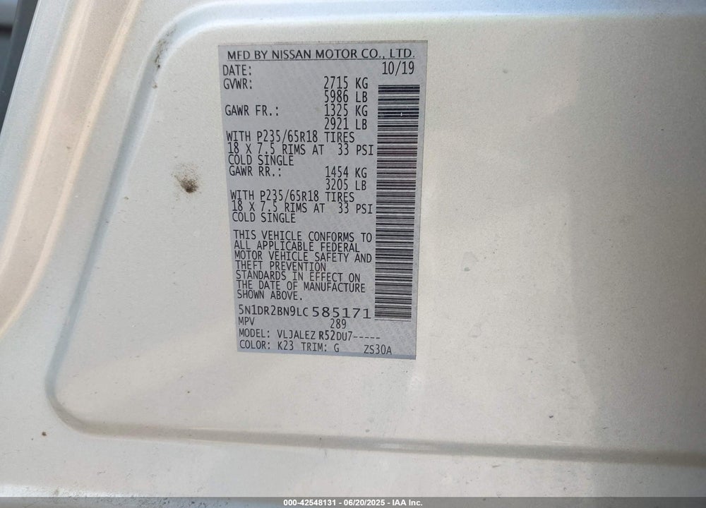 2020 NISSAN PATHFINDER VIN: 5N1DR2BN9LC585171