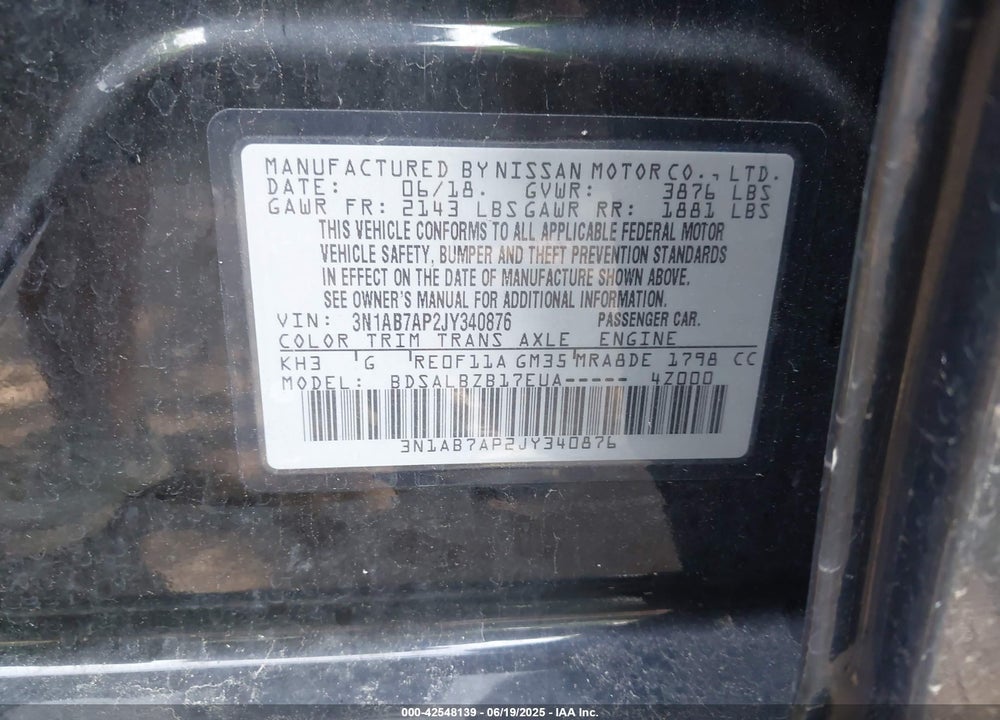 2018 NISSAN SENTRA VIN: 3N1AB7AP2JY340876
