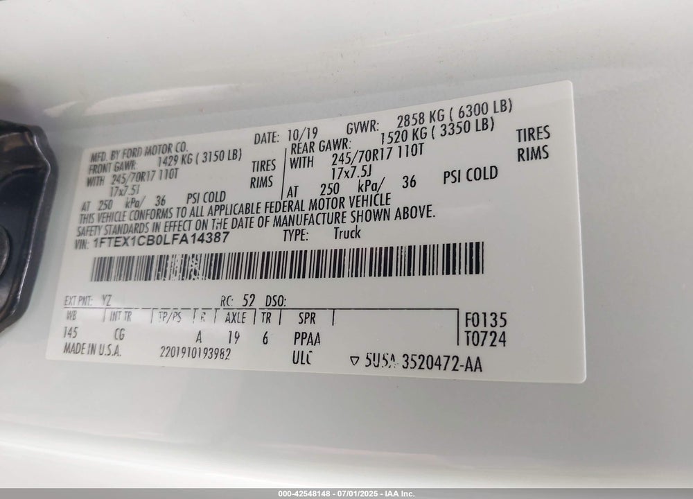 2020 FORD F-150 VIN: 1FTEX1CB0LFA14387