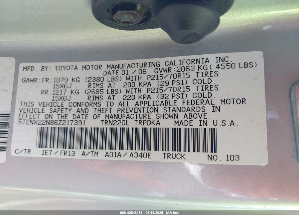 2006 TOYOTA TACOMA VIN: 5TENX22N86Z217391