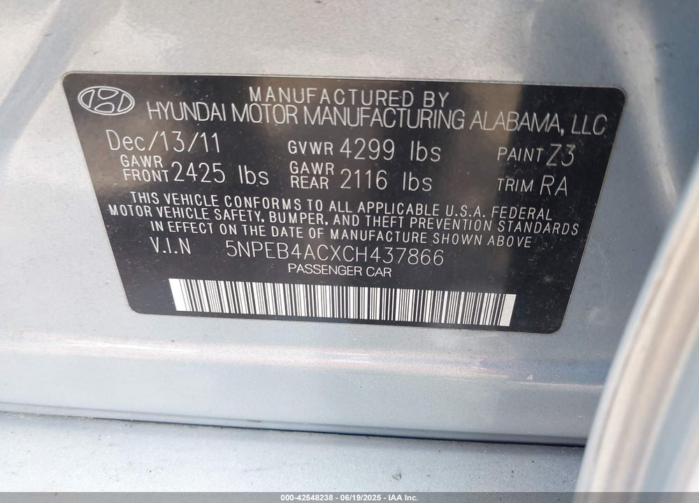 2012 HYUNDAI SONATA VIN: 5NPEB4ACXCH437866