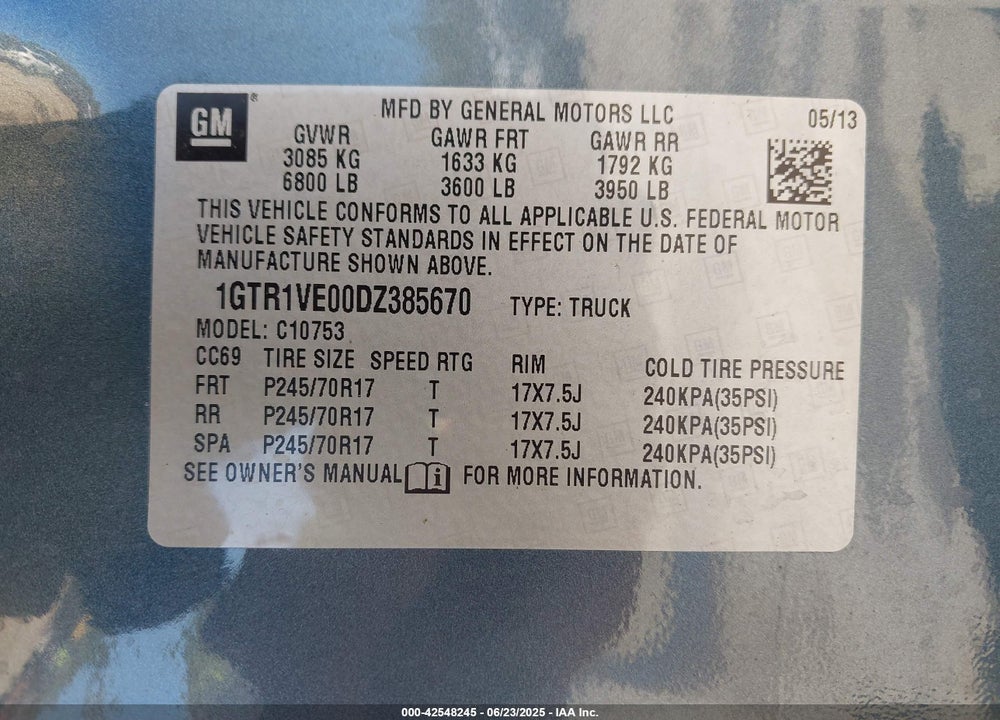 2013 GMC SIERRA 1500 VIN: 1GTR1VE00DZ385670