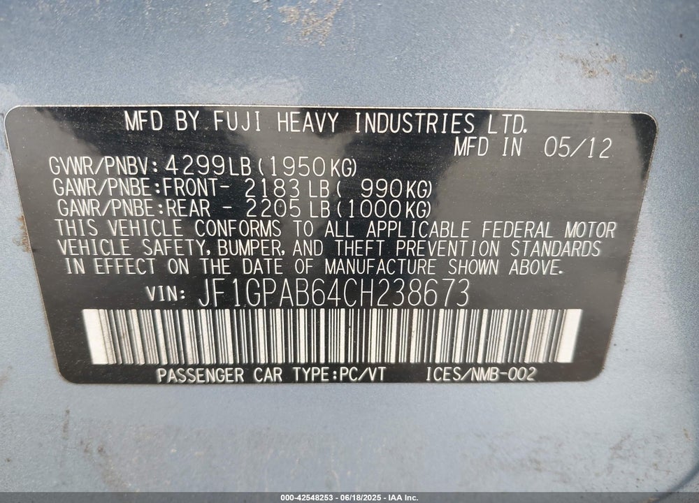 2012 SUBARU IMPREZA VIN: JF1GPAB64CH238673