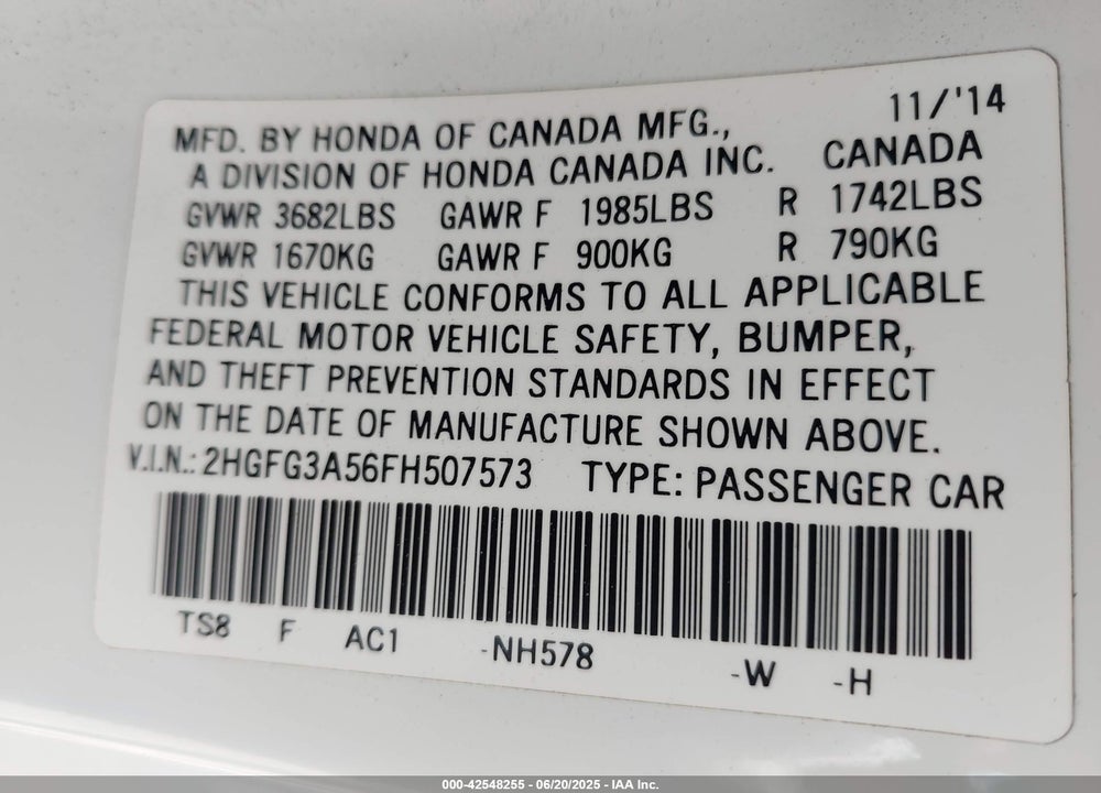 2015 HONDA CIVIC VIN: 2HGFG3A56FH507573