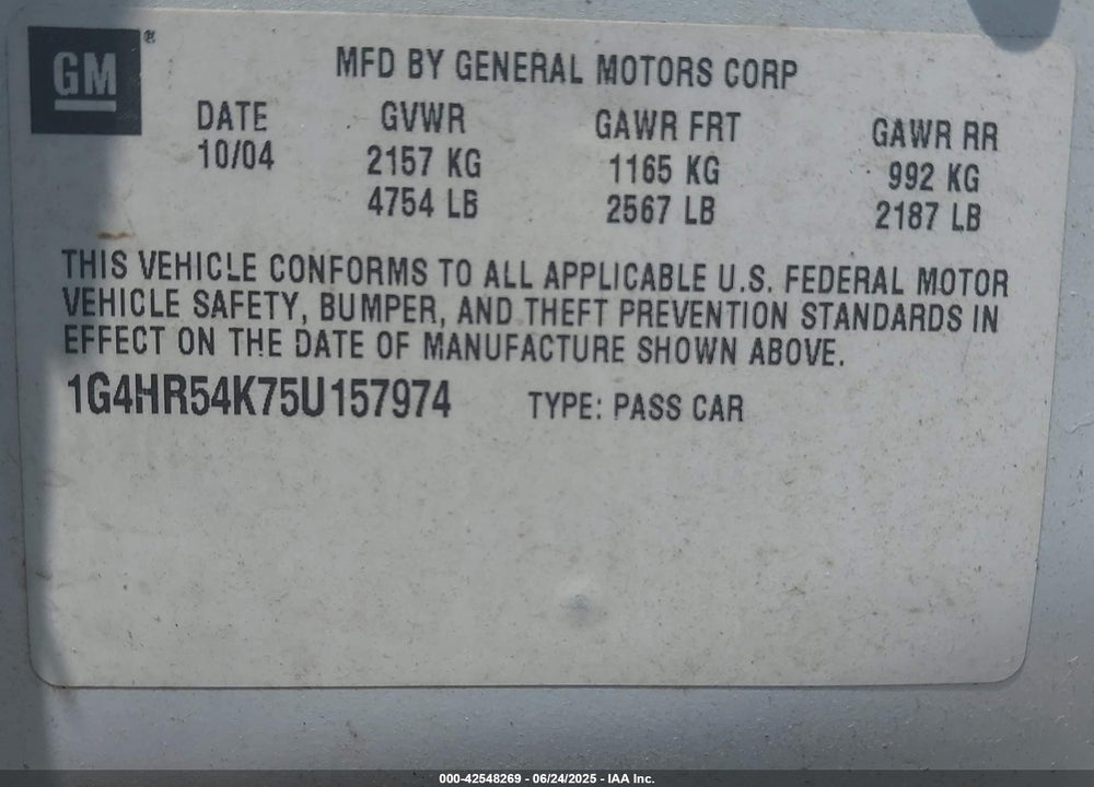2005 BUICK LESABRE LIMITED VIN: 1G4HR54K75U157974
