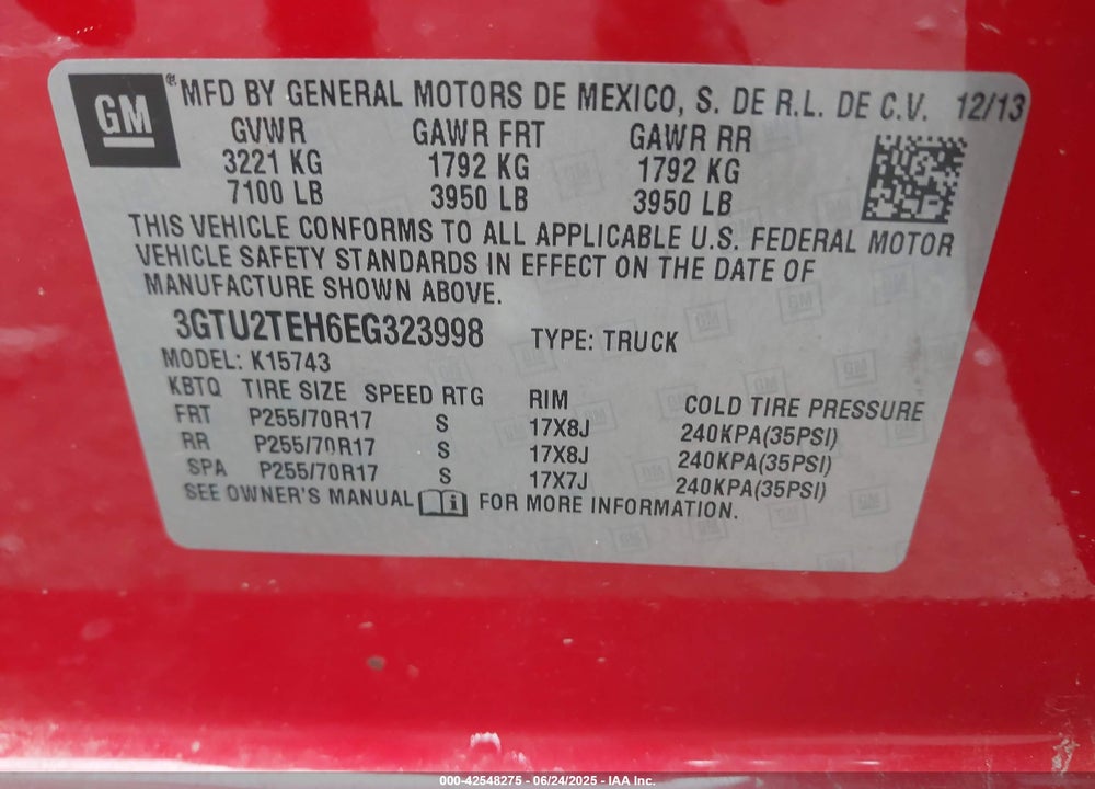 2014 GMC SIERRA 1500 VIN: 3GTU2TEH6EG323998