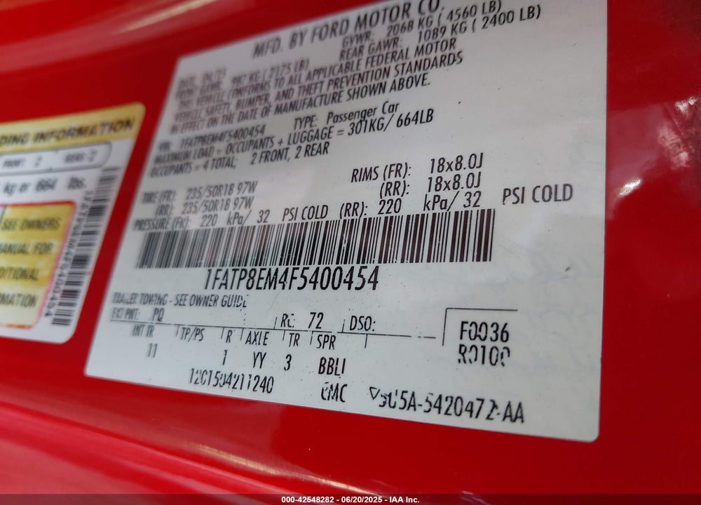 2015 FORD MUSTANG V6 VIN: 1FATP8EM4F5400454