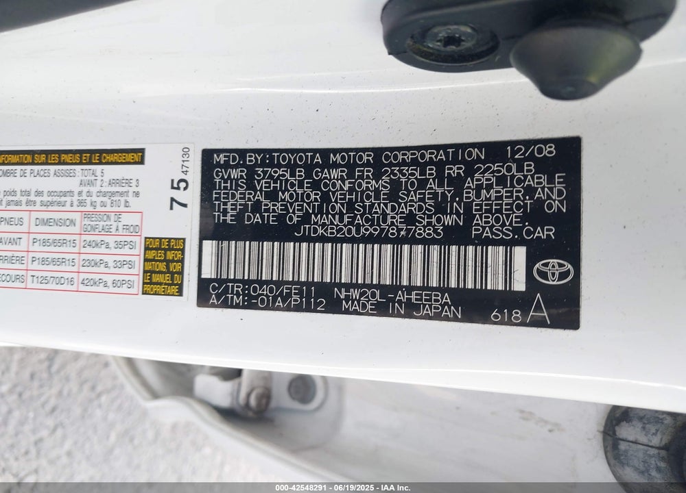 2009 TOYOTA PRIUS STANDARD VIN: JTDKB20U997877883