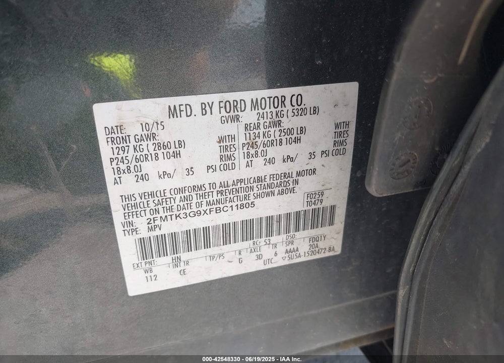 2015 FORD EDGE VIN: 2FMTK3G9XFBC11805