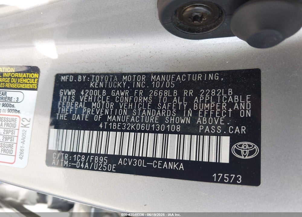 2006 TOYOTA CAMRY LE VIN: 4T1BE32K06U130108