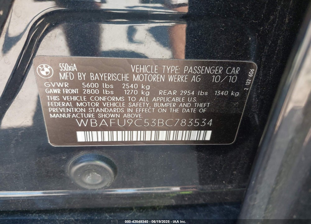 2011 BMW 5 SERIES VIN: WBAFU9C53BC783534