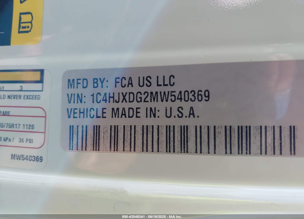 2021 JEEP WRANGLER UNLIMITED VIN: 1C4HJXDG2MW540369