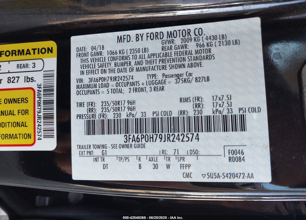 2018 FORD FUSION VIN: 3FA6P0H79JR242574