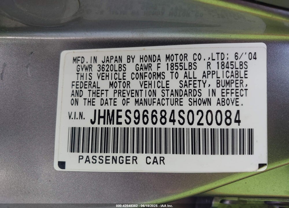 2004 HONDA CIVIC HYBRID VIN: JHMES96684S020084