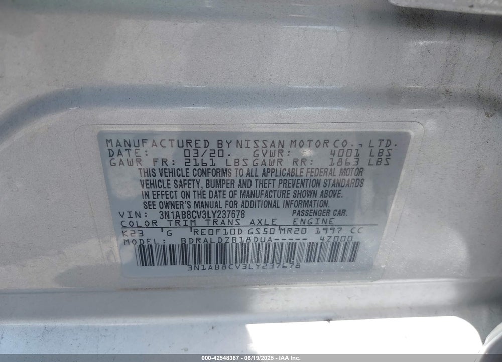 2020 NISSAN SENTRA VIN: 3N1AB8CV3LY237678