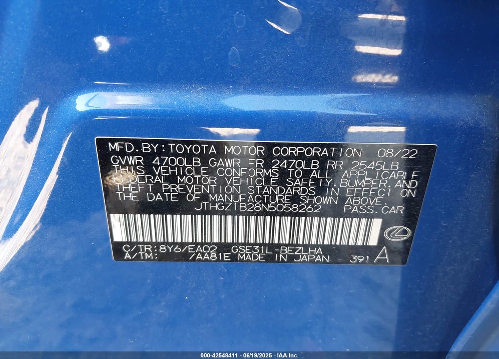 2022 LEXUS IS350 VIN: JTHGZ1B28N5058262