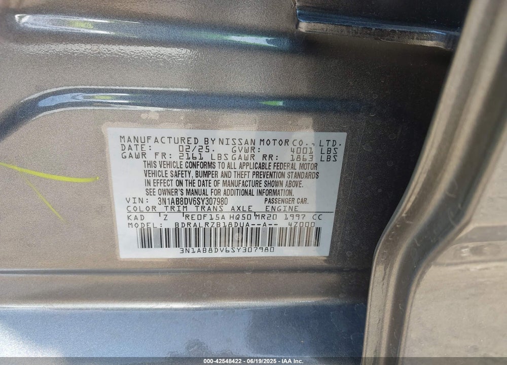 2025 NISSAN SENTRA VIN: 3N1AB8DV6SY307980