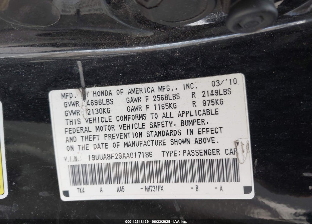 2010 ACURA TL 3.5 VIN: 19UUA8F29AA017186