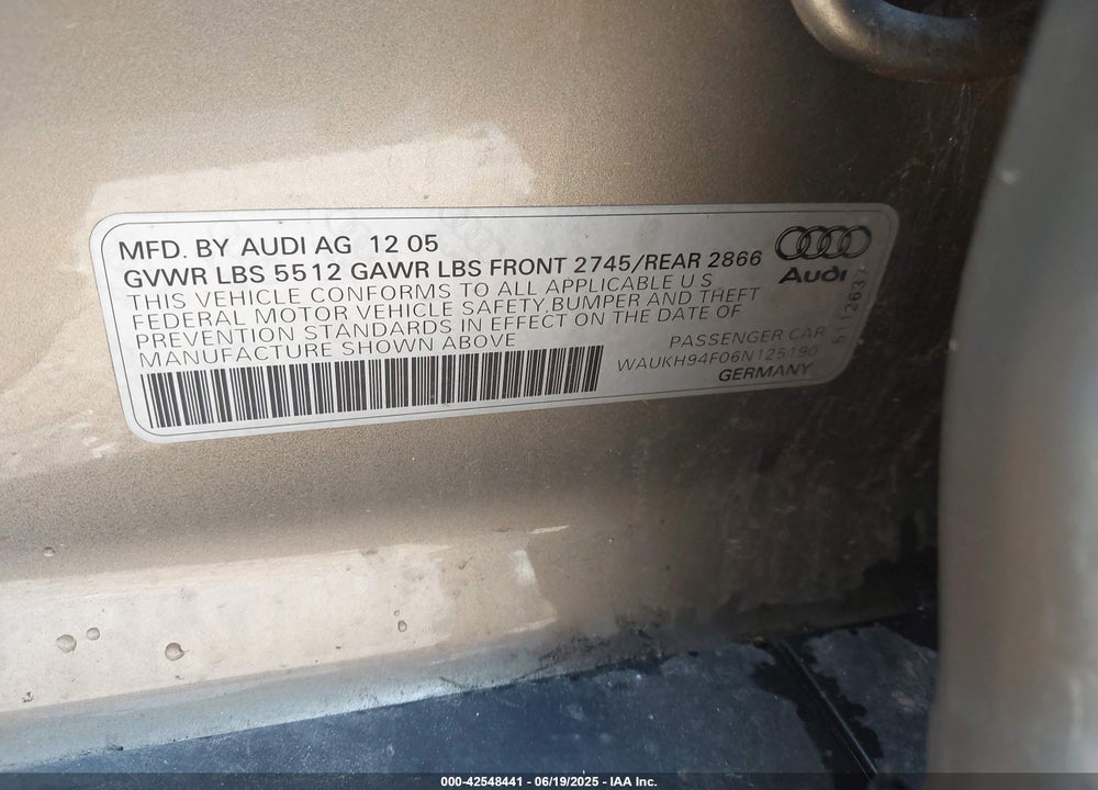 2006 AUDI A6 VIN: WAUKH94F06N125190