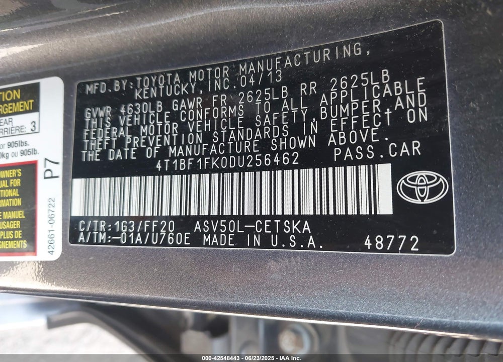 2013 TOYOTA CAMRY VIN: 4T1BF1FK0DU256462