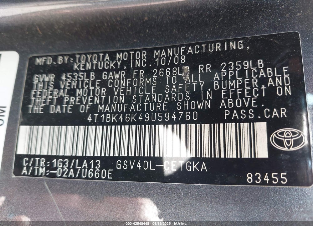 2009 TOYOTA CAMRY VIN: 4T1BK46K49U594760