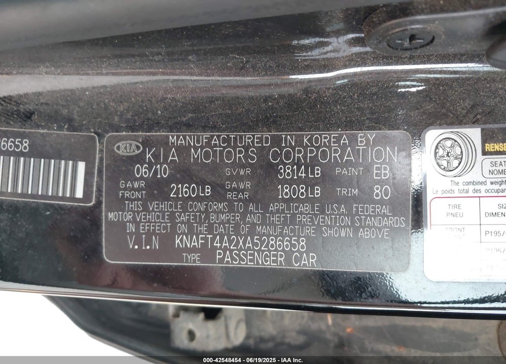 2010 KIA FORTE LX VIN: KNAFT4A2XA5286658