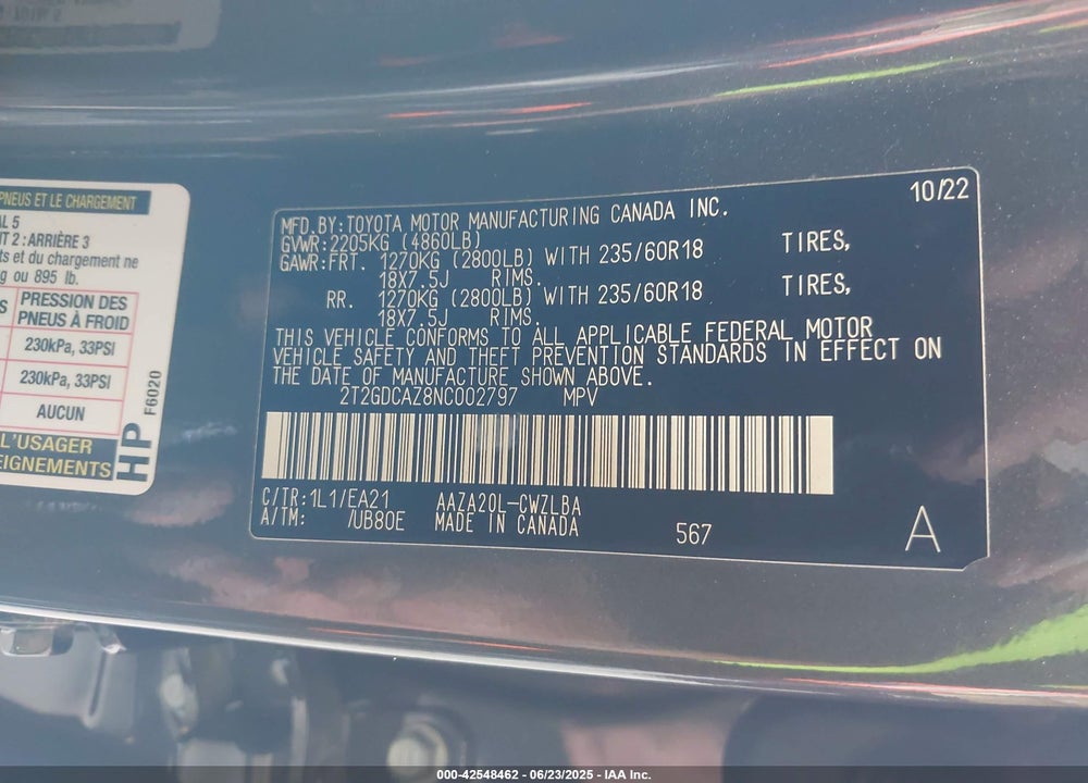 2022 LEXUS NX 250 PREMIUM VIN: 2T2GDCAZ8NC002797
