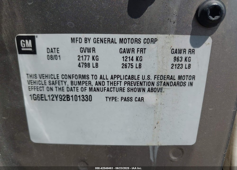 2002 CADILLAC ELDORADO ESC VIN: 1G6EL12Y92B101330