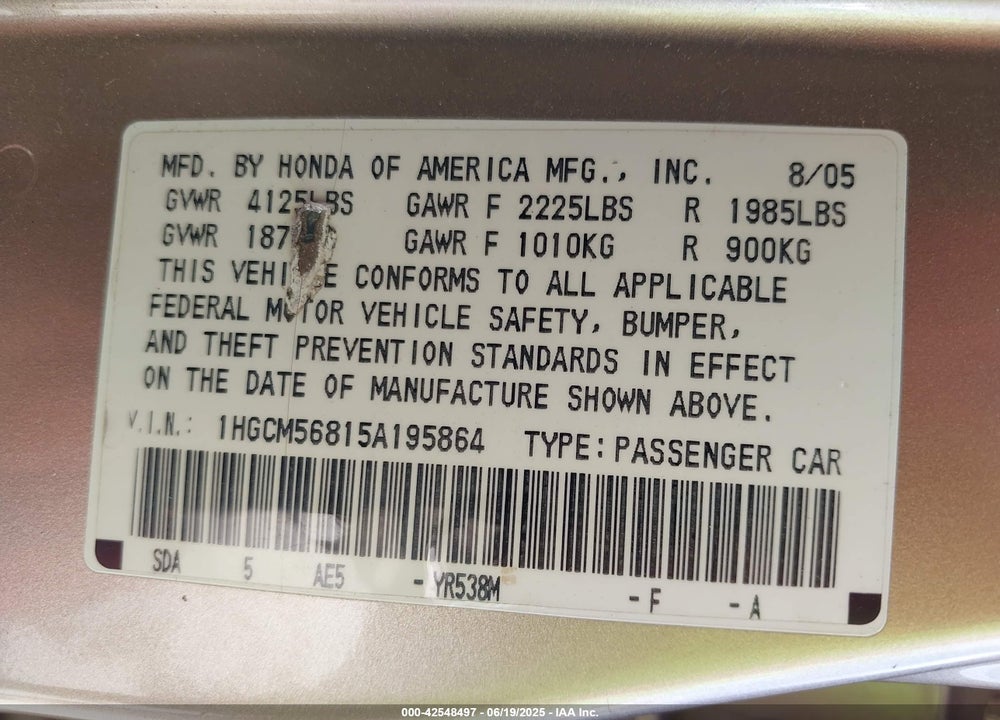 2005 HONDA ACCORD 2.4 EX VIN: 1HGCM56815A195864