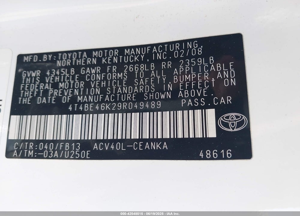 2009 TOYOTA CAMRY VIN: 4T4BE46K29R049489
