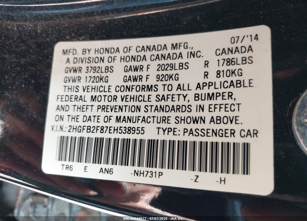 2014 HONDA CIVIC VIN: 2HGFB2F87EH538955