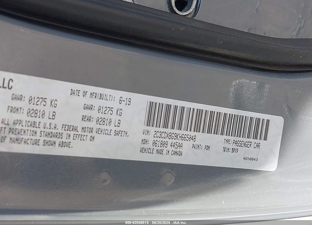 2019 DODGE CHARGER VIN: 2C3CDXBG9KH665048