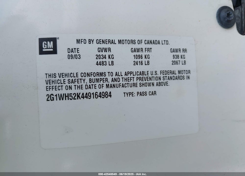 2004 CHEVROLET IMPALA LS VIN: 2G1WH52K449164984