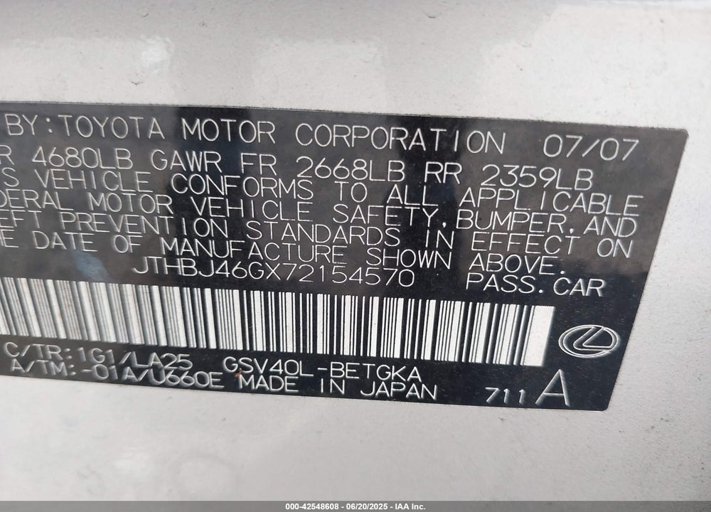 2007 LEXUS ES 350 VIN: JTHBJ46GX72154570