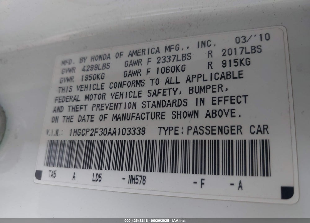 2010 HONDA ACCORD VIN: 1HGCP2F30AA103339