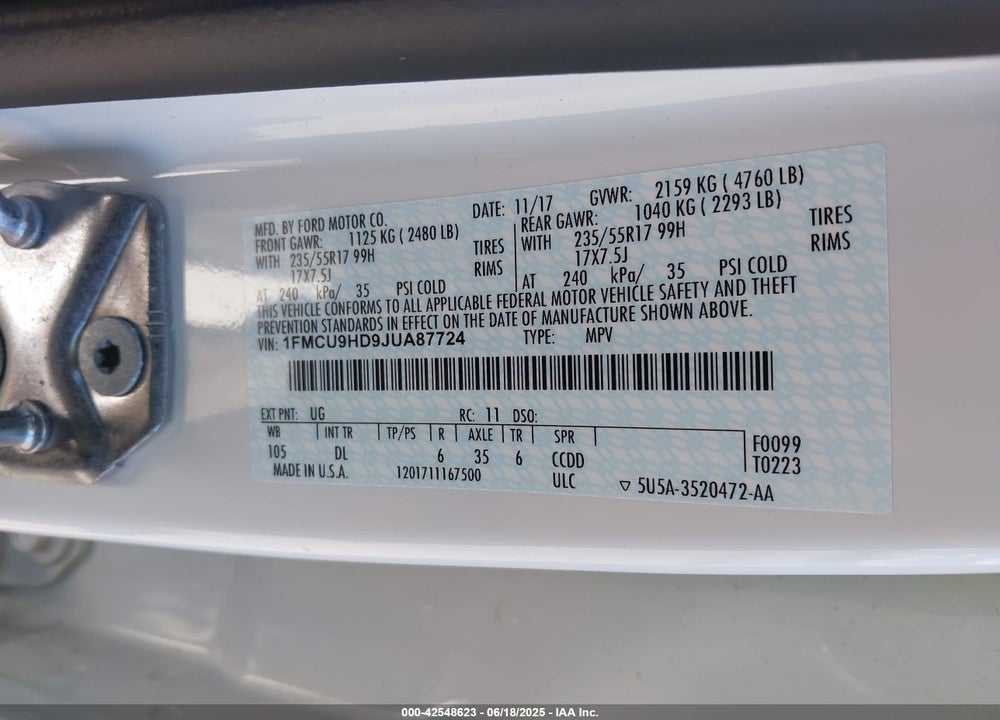 2018 FORD ESCAPE VIN: 1FMCU9HD9JUA87724