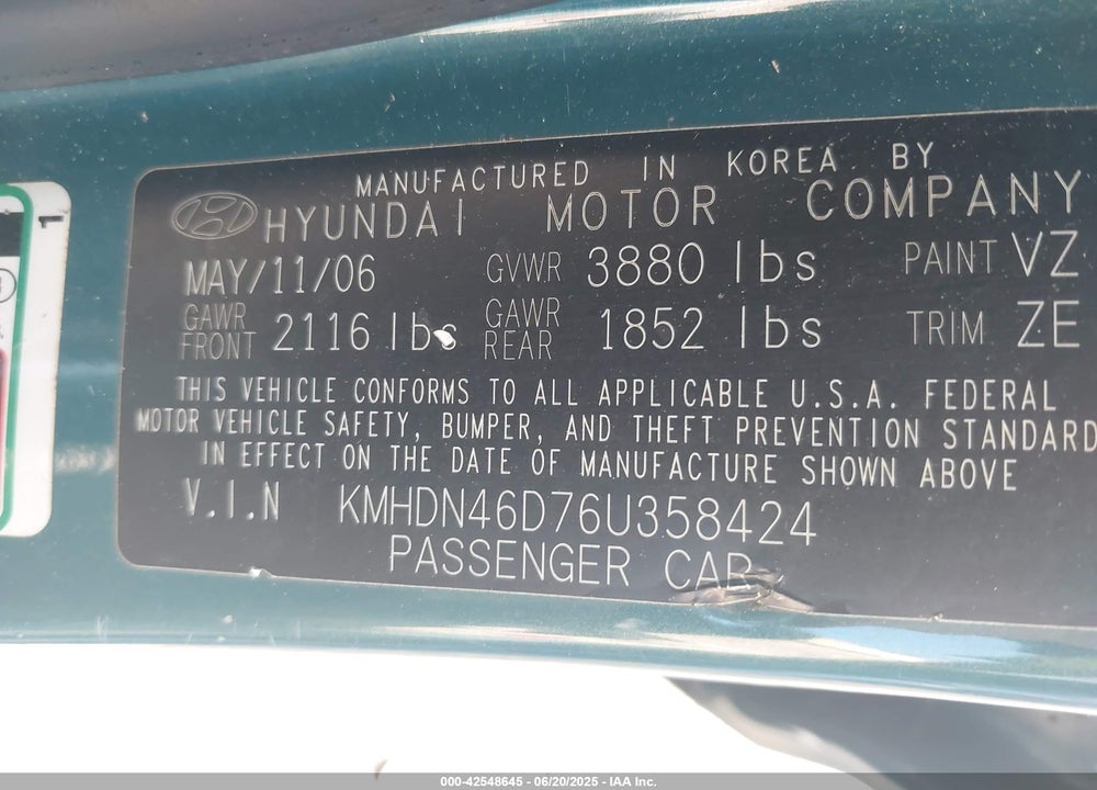 2006 HYUNDAI ELANTRA VIN: KMHDN46D76U358424