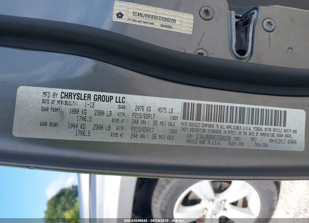 2012 JEEP PATRIOT VIN: 1C4NJRBB0CD588209