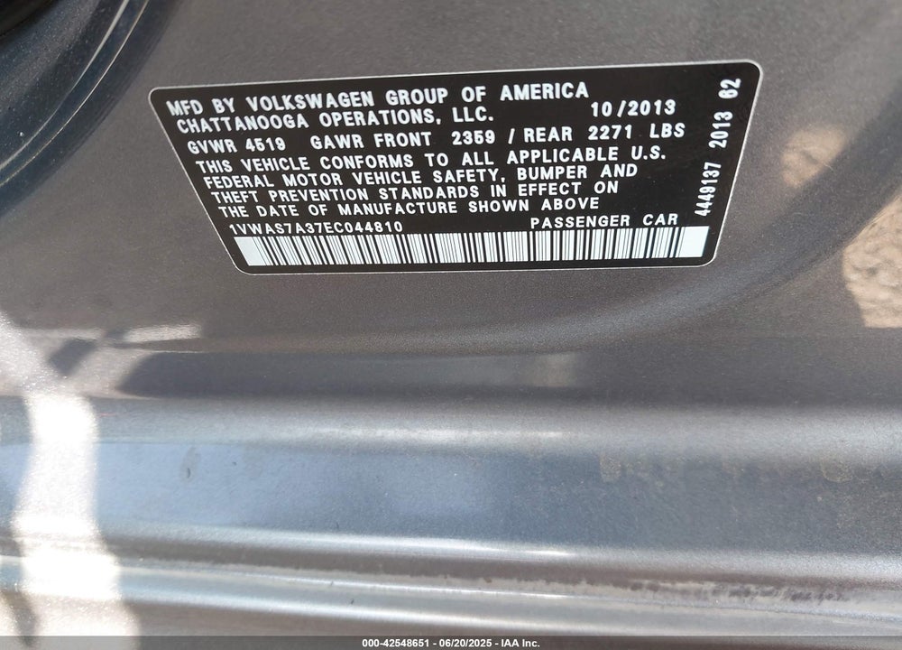 2014 VOLKSWAGEN PASSAT VIN: 1VWAS7A37EC044810