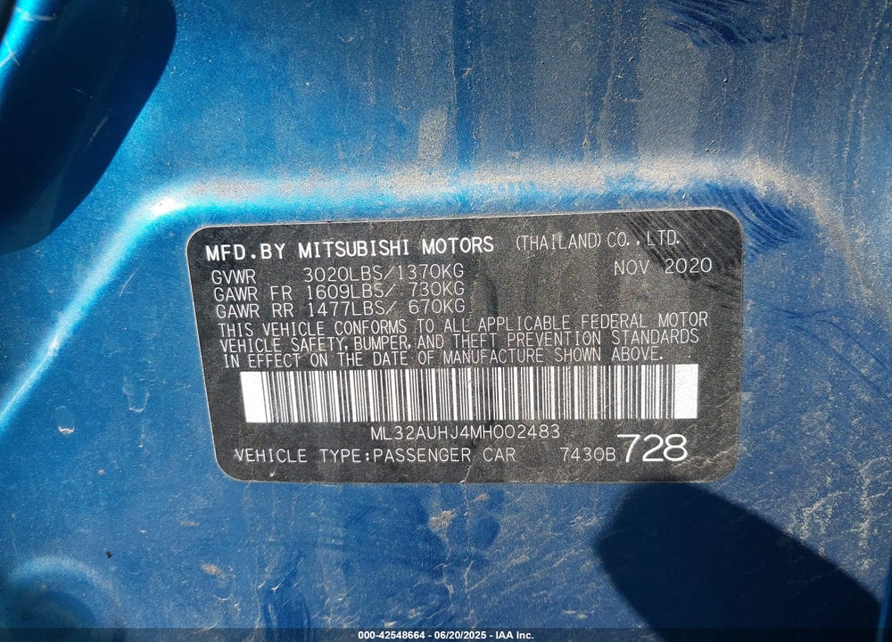 2021 MITSUBISHI MIRAGE VIN: ML32AUHJ4MH002483