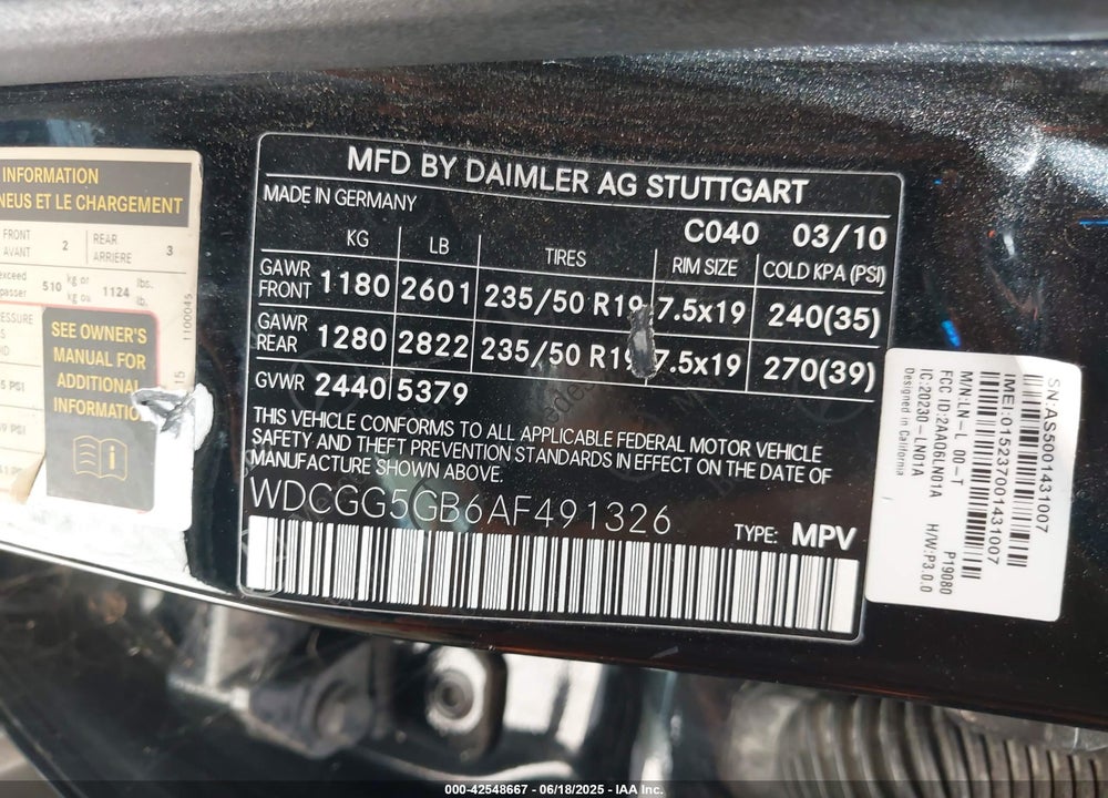 2010 MERCEDES-BENZ GLK 350 VIN: WDCGG5GB6AF491326