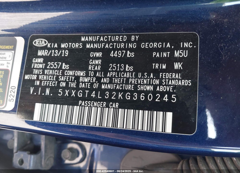 2019 KIA OPTIMA LX VIN: 5XXGT4L32KG360245