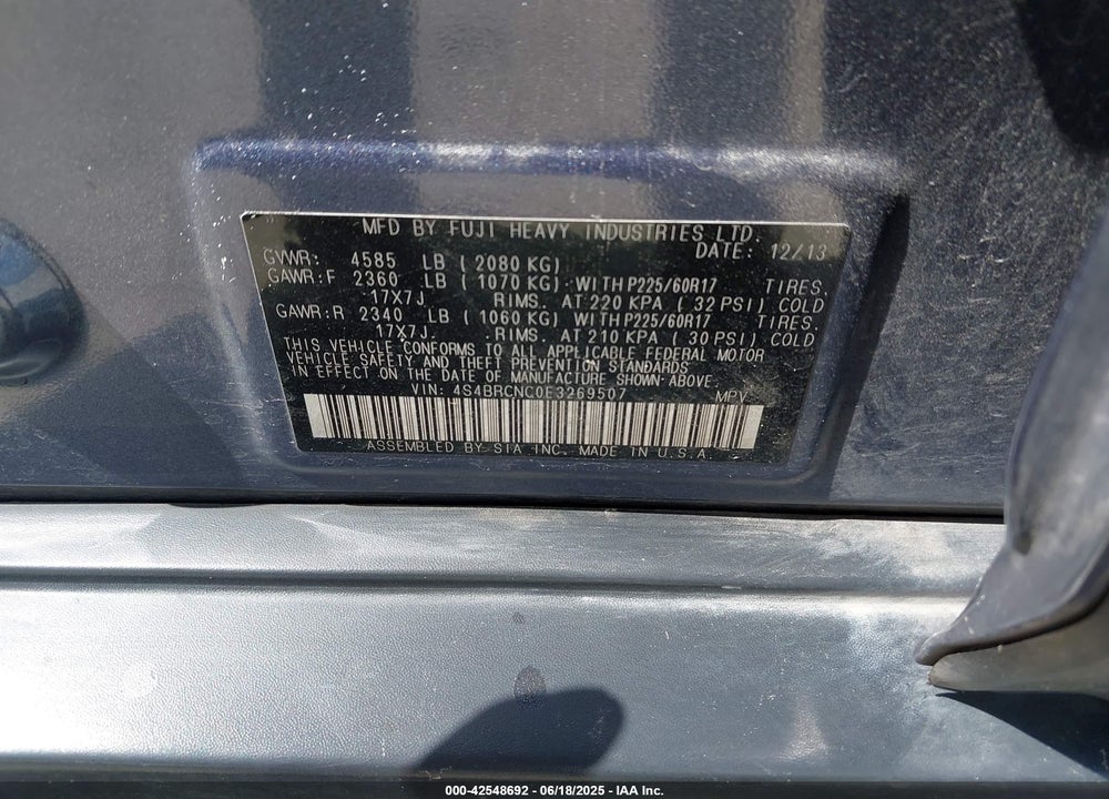 2014 SUBARU OUTBACK VIN: 4S4BRCNC0E3269507