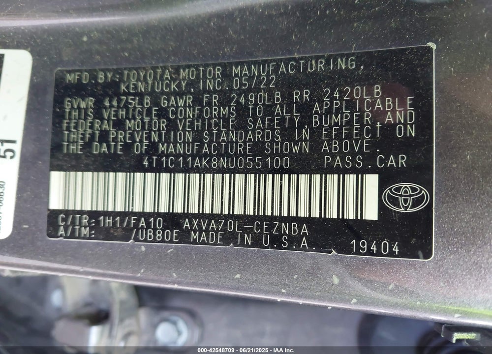 2022 TOYOTA CAMRY VIN: 4T1C11AK8NU055100