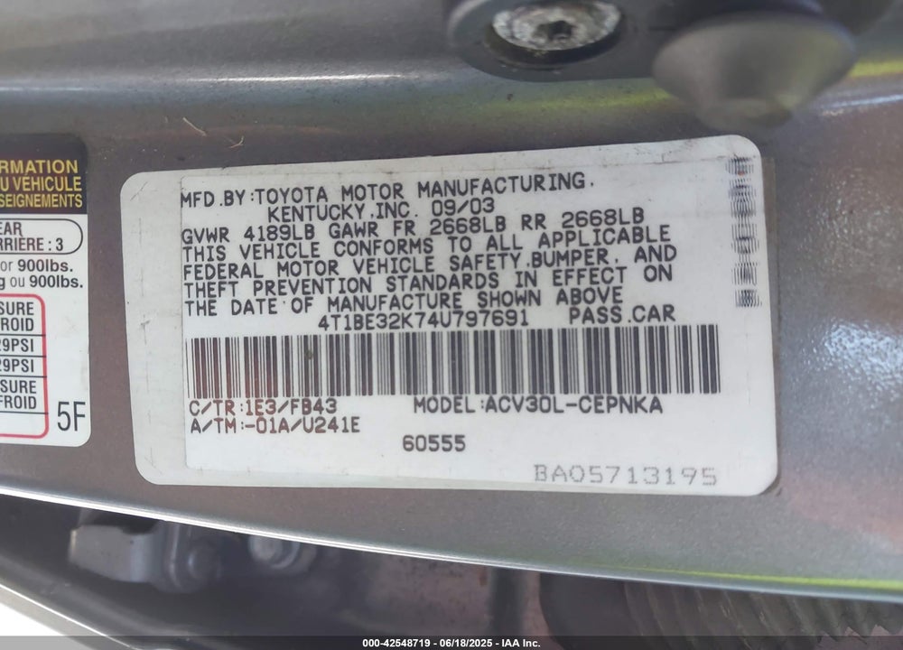 2004 TOYOTA CAMRY LE VIN: 4T1BE32K74U797691