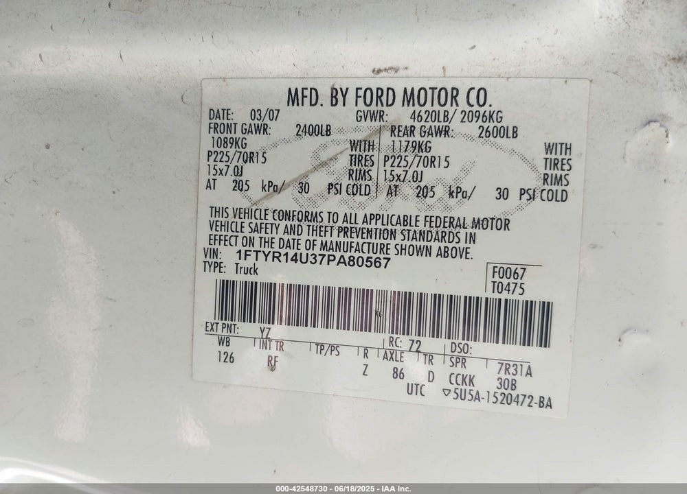 2007 FORD RANGER SPORT/STX/XL/XLT VIN: 1FTYR14U37PA80567