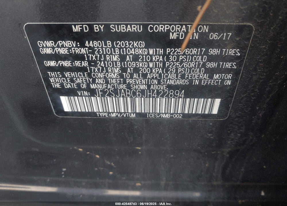 2018 SUBARU FORESTER VIN: JF2SJABC6JH422894
