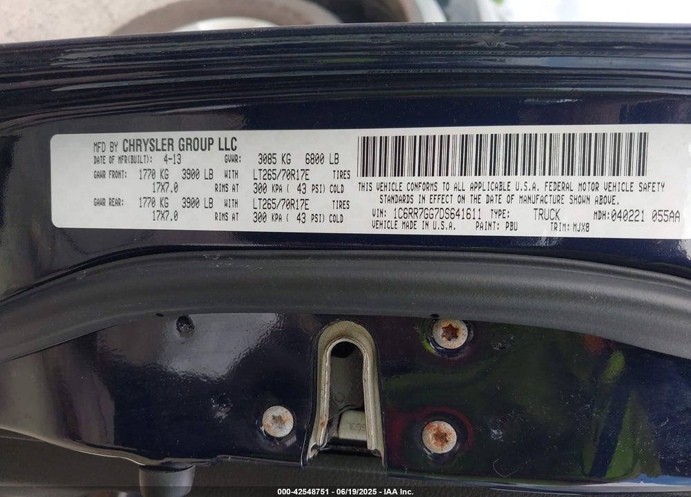 2013 RAM 1500 VIN: 1C6RR7GG7DS641611